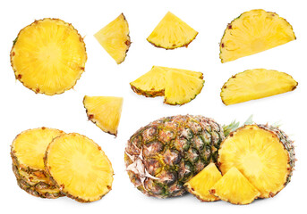 Set with cut and whole pineapples isolated on white