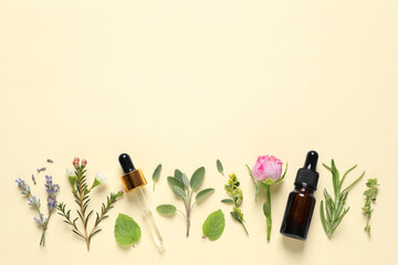 Bottle of essential oil, pipette, different herbs and rose flower on beige background, flat lay. Space for text