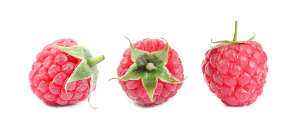 Set with fresh ripe raspberries isolated on white