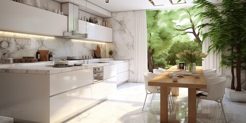 White and marble kitchen interior with table