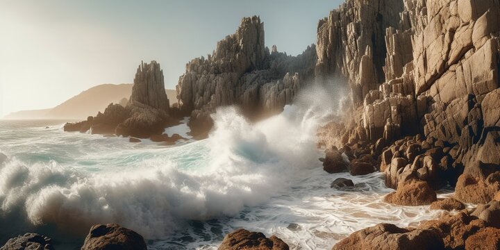 Waves crashing on rock formations at Ferradurinha Beach
