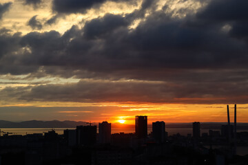 Selective focus. Beautiful sunset. Summer evening in the city. Vladivostok.
