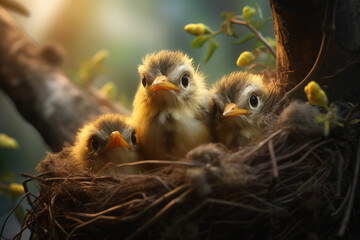 Baby birds in the nest on nature background. - obrazy, fototapety, plakaty
