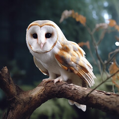 Beautiful owl sitting on a tree branch in the autumn forest