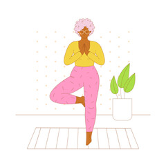 Senior woman character practicing yoga at home. Flat outlined colorful vector illustration.

