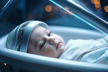 Cute little baby boy sitting in hospital bed, close-up.
