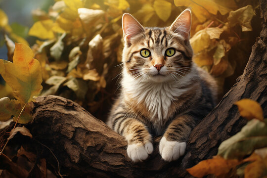 Cute cat sitting on a tree branch in the autumn forest.