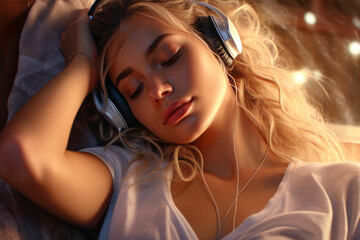 Beautiful young woman with headphones listening to music. Portrait of a beautiful blonde girl in headphones.