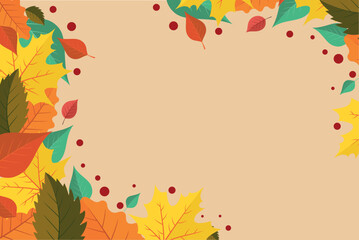 Fototapeta premium Autumn seasonal background of autumn leaves in gold, red and orange colors. Autumn design for cards, banners, posters, advertisements.