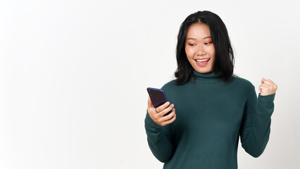 Holding Smartphone Looking at smartphone with happy yes gesture Of Beautiful Asian Woman Isolated On White Background