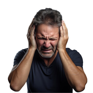 A man in distress covering his ears with his hands