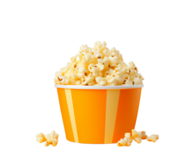 A bucket of popcorn on a vibrant yellow background