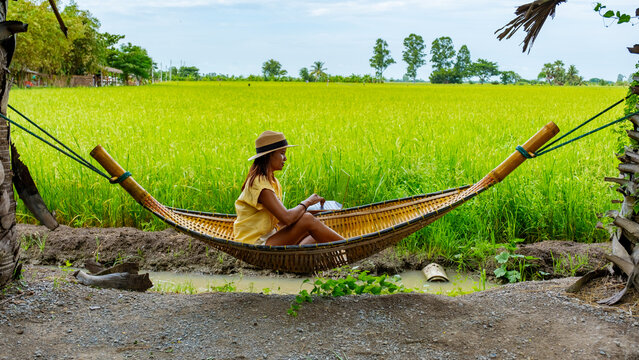 Asian women in a hammock working on a laptop with on the background green rice paddy fields in Thailand