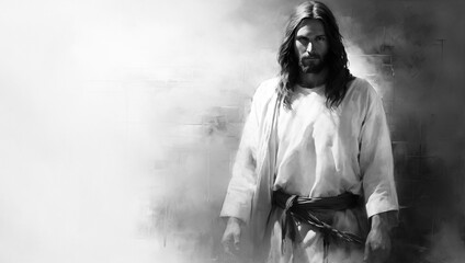 Fototapeta na wymiar Graceful Renderings of Jesus Christ: Black and White Watercolor Art Reflecting the Core of Christian Beliefs.