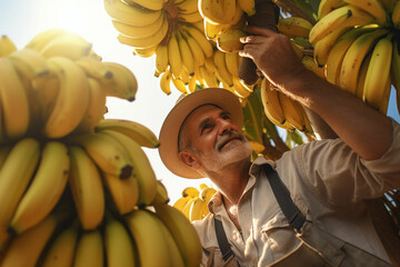 Farmer working in a banana plantation, Harvesting of ripe bananas, Ai generated