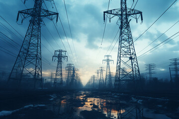 High voltage power lines and pylons. Electricity distribution station. Ai generated