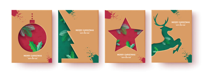 Christmas brown tags vector poster set design. Merry christmas and happy new year greeting text in brown color lay out collection card. Vector illustration tags and sticker in paper cut.
 - obrazy, fototapety, plakaty
