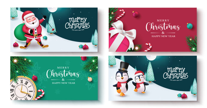 Merry christmas text vector banner set design. Christmas greeting card with santa claus and penguin characters in elegant tags collection. Vector illustration seasonal greeting tags.
