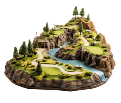 A miniature golf course with a scenic river feature