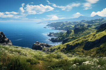 Beautiful seascape with a view of the sea and mountains. Ai generated