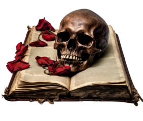 A skull resting on an open book, symbolizing knowledge and mortality