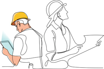 Vector landing page of architecture works with protective face masks for safety in machine industrial factory. Continuous one line drawing for your minimal design