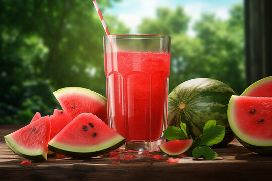 A glass of watermelon juice with fresh watermelon on wooden table outdoors