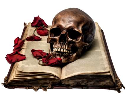 A skull resting on an open book, symbolizing knowledge and mortality