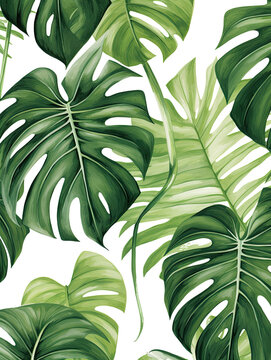 Monstera deliciosa leaf pattern wallpaper on white