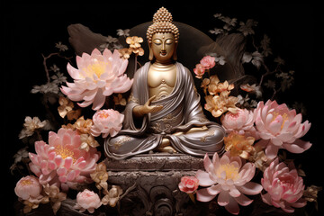 Buddha sitting on a lotus with glowing light, generative AI	
