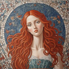 Mosaic image of a girl with red hair in Italian style, stylish image of a girl for interior design, fresco