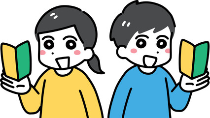 笑顔で初心者マークを持つ私服の若い男女(上半身)