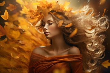 Naklejka premium Portrait of a beautiful woman in an autumn leaves background. Autumn.Fall season concept. 