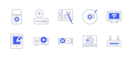 Device icon set. Duotone style line stroke and bold. Vector illustration. Containing ipod, dvd player, graphic tablet, vinyl, device, tablet, projector, laptop. - obrazy, fototapety, plakaty