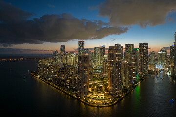 Aerial view of downtown district of of Miami Brickell in Florida, USA. Brightly illuminated high...