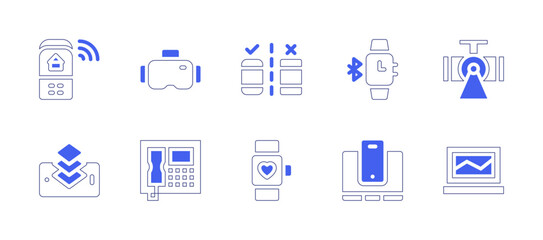 Device icon set. Duotone style line stroke and bold. Vector illustration. Containing remote control, vr glasses, testing, smartwatch, projector, layers, landline, smart watch, devices, laptop.