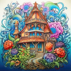 Obraz premium Old house with flowers and leaves