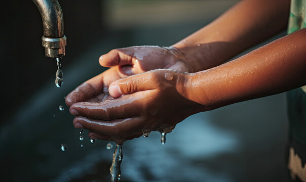Hands of a poor child under a water tap