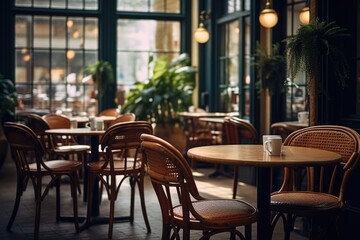 Empty modern cafe with no people with plenty of natural light - obrazy, fototapety, plakaty