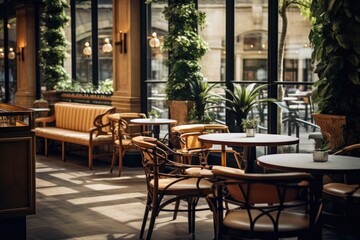 Fototapeta na wymiar Empty modern cafe with no people with plenty of natural light