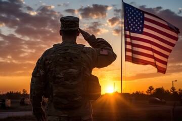 American soldier saluting the american flag during sunset