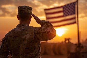 American soldier saluting the american flag during sunset - obrazy, fototapety, plakaty