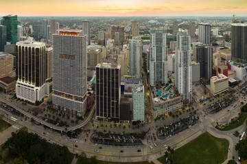 Aerial view of heavy traffic on urban street in downtown office district of Miami Brickell in...