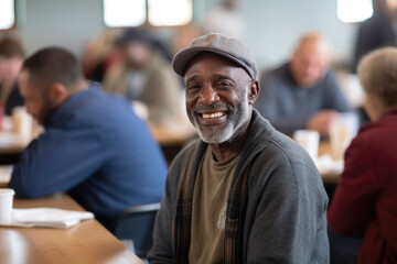 A homeless man eats in the shelter's canteen