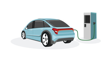 Electric Vehicle mini car charging parking at the charger station with a plug in cable. Charging in the rear side of car to battery. Isolated flat vector illustration on white background.