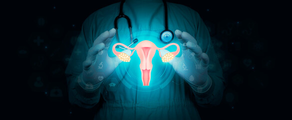 Female reproductive health concept. endometriosis, polycystic ovary, gynecological cancer, cervical cancer, fibroids, hysterectomy. The doctor shows the uterus in digital format on a dark background - obrazy, fototapety, plakaty