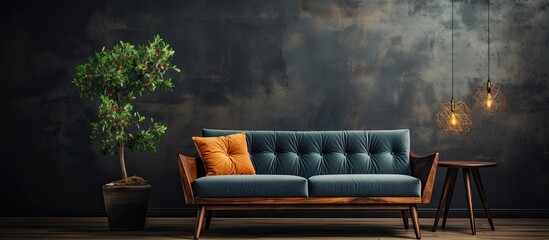 living room interior design dark sofa with hanging lamp and dark background
