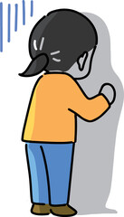 壁に手をついて落ち込む後ろ姿の私服の若い女性(全身)