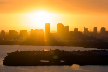 Urban sunset landscape of downtown district of Tampa city in Florida, USA. Dramatic skyline with high skyscraper buildings in modern american megapolis