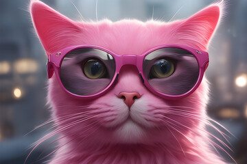 Digital art, pink cat with glasses, cute cat, big eyes and big waves, surreal, concept art, 4K, pink, cute, colorful, illustration,generative ai